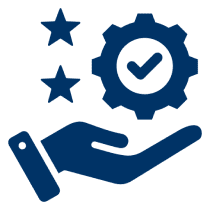 Hand, gear, stars, and check mark icon.