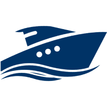 Blue boat silhouette on black background.