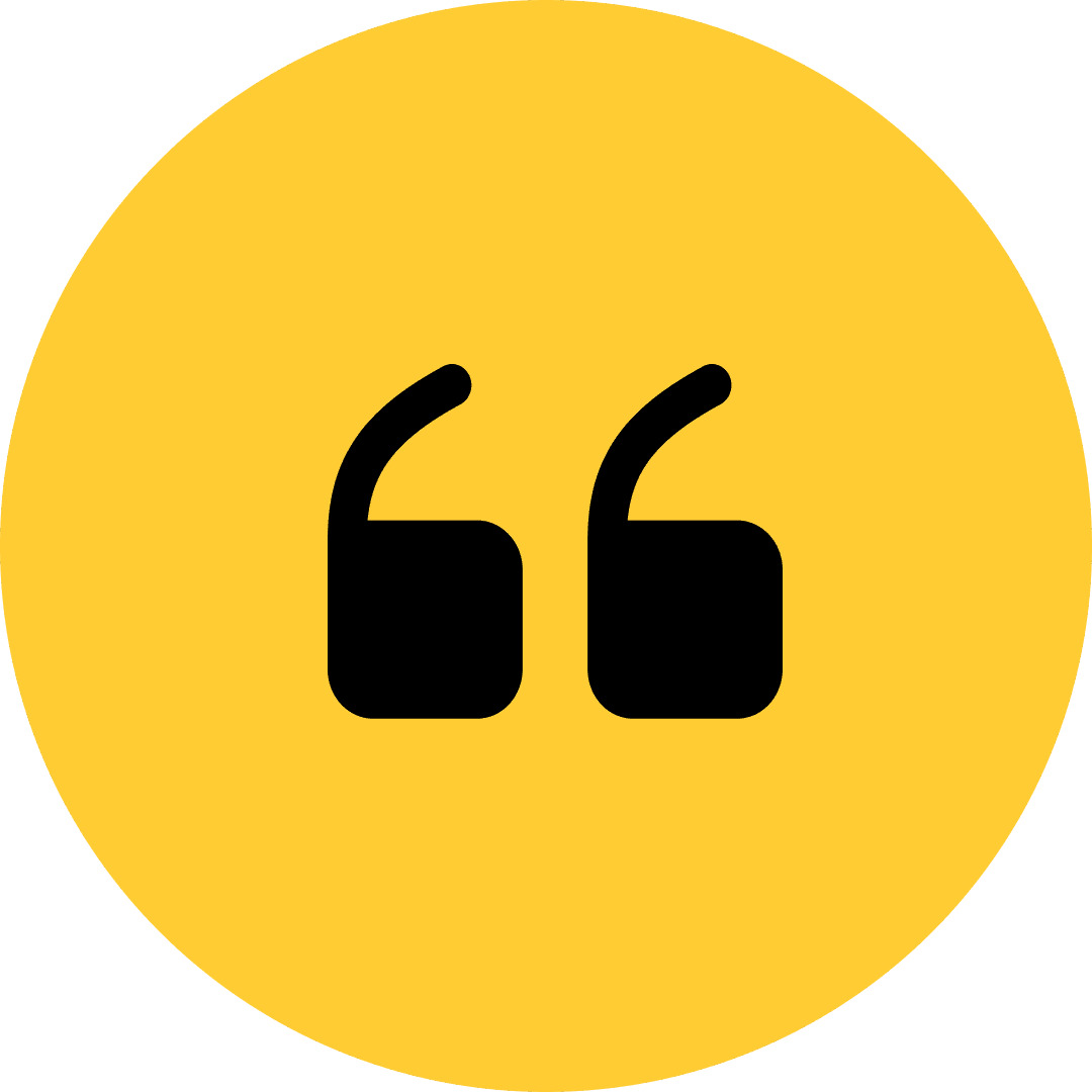 Yellow circle with black quotation marks icon.